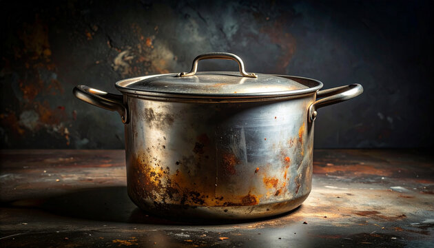 Old cooking pot on rustic surface culinary equipment still life