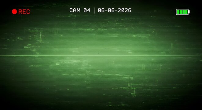 Green surveillance camera recording screen with digital glitches and date stamp.