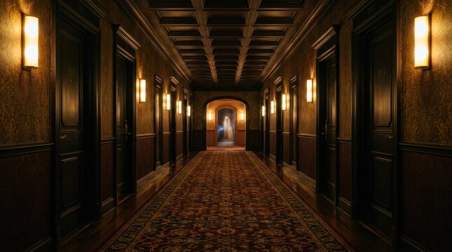 Spooky Hotel Corridor with Vintage Carpet and Dim Lighting.
