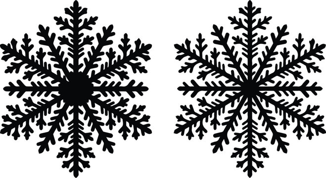 Black snowflake silhouettes set, 2 winter ice crystal vector icons, minimalist frozen snow flake shapes for Christmas holiday design