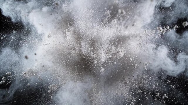 Bursting after impulse, central white powder cloud expanding outward in studio, with lit granules