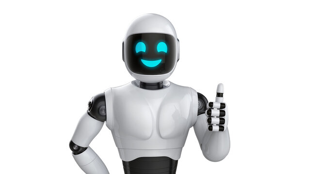Isolated futuristic white and black robot with happy blue screen face giving thumbs up 3D render