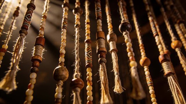 Swaying beaded curtain reacting to breeze and camera move at doorway, with wooden beads and tassels