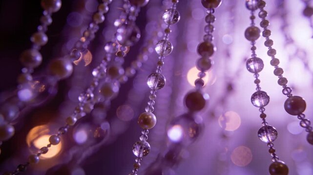 Swaying crystal and pearl beads catching amber, purple reflections during camera shift at venue