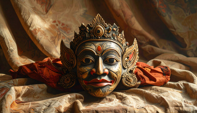 Ornate decorative mask on textured fabric for cultural and artistic display