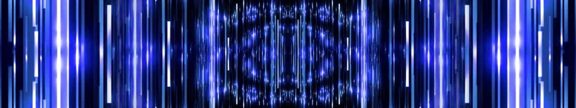 Blue Neon Falling Light Particles and Streaks on Black Background, Symmetric Digital Rain Animation, Widescreen Loop
