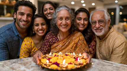 Fototapeta premium Realistic commercial stock photo of a Gujarati joint family in Ahmedabad celebrating Diwali and Lakshmi puja together in a spacious modern apartment, three generations gathered aro