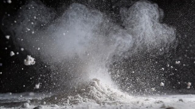 Bursting flour cloud rising from tabletop after impact in dark studio, backlighting showing dust