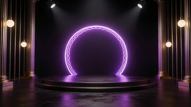 Pulsing purple neon ring animating inner cyan rings on studio stage, triggered by arc for showcase