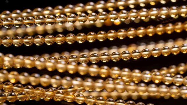 Focus shifting golden bead strands drifting in macro setup, revealing thin wires and highlights