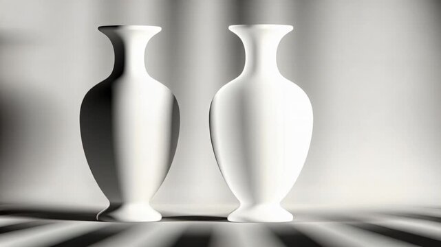 Sweeping directional light modeling two white ceramic vases on striped platform, reducing ghosting