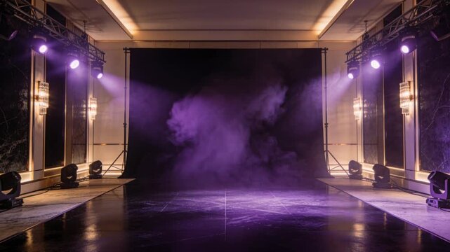 Forming purple fog cloud rising at studio after fogger start for stage effect with truss spotlights