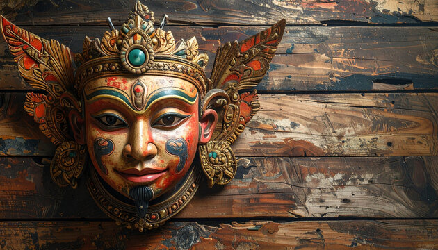 Ornate mask with intricate details against aged wooden backdrop