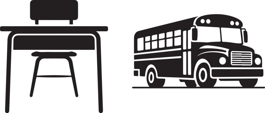 Classic school elements illustrating a student desk and chair with a traditional yellow school bus for transport