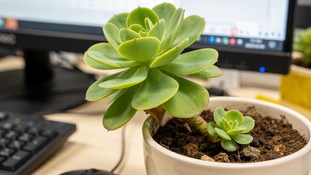 Moving camera bringing green rosette succulent into focus on office desk, showing white pot and pup