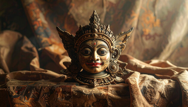 Ornate religious statue head with detailed crown and traditional attire