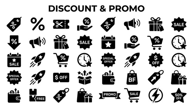 Collection of discount and promo icons representing sales offers, marketing promotions, and special deals for retail and e-commerce businesses