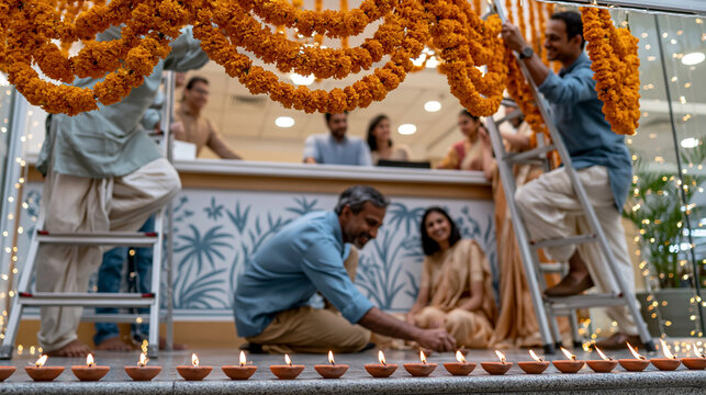 Realistic commercial stock photo of a modern Indian corporate office entrance lobby decorated for Diwali by employees, two colleagues on ladders hanging fresh marigold garlands abo