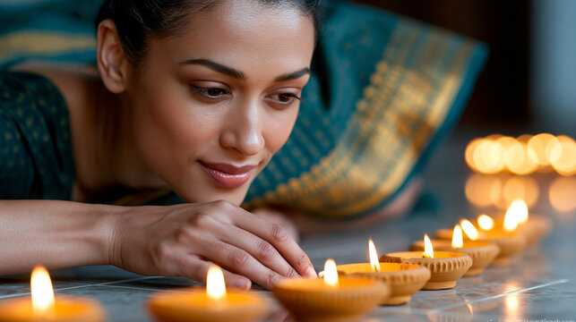 Realistic commercial stock photo of a young South Indian Tamilian woman carefully lighting a row of clay diyas arranged in a traditional kolam pattern on the clean tiled floor of h