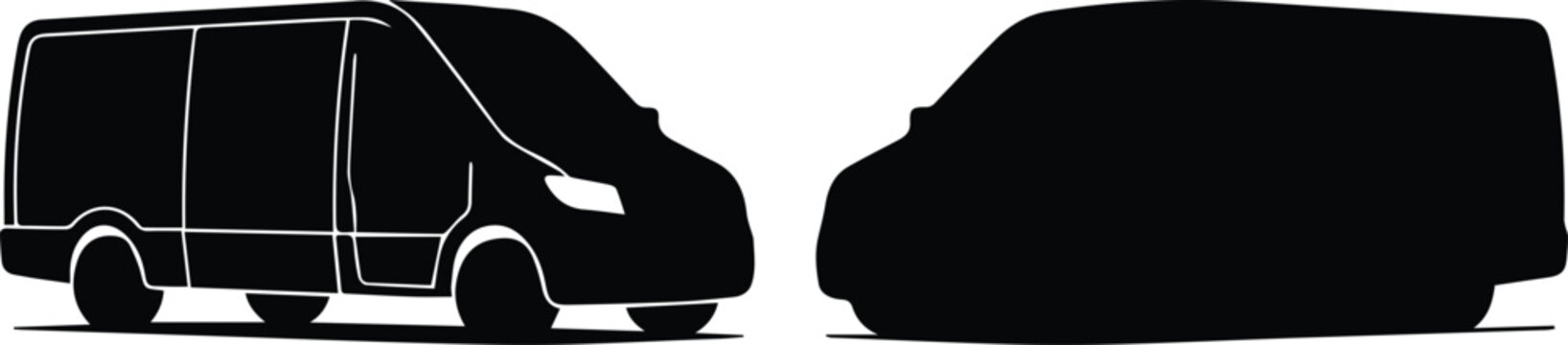Commercial delivery van silhouette vector set, black cargo van icons for logistics and shipping, industrial transport vehicle outlines for branding isolated PNG with Transparent Background
