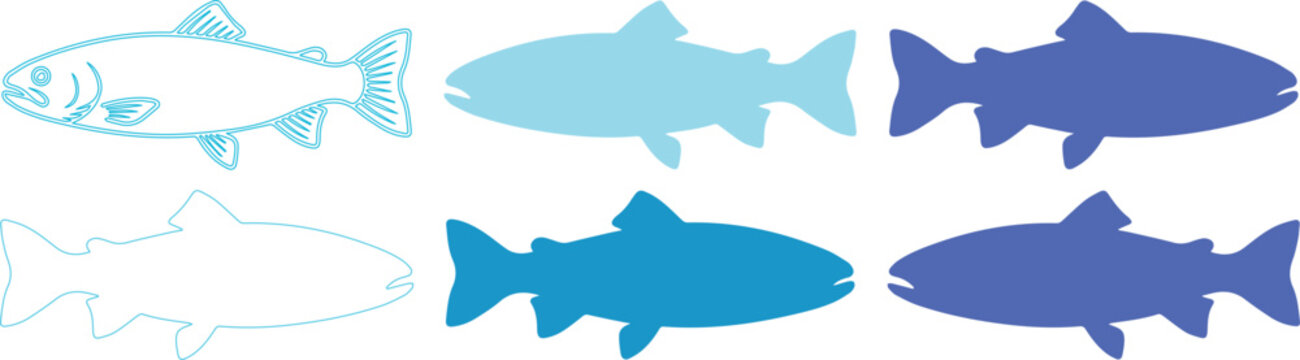 Salmon fish silhouette collection, blue trout vector icons set, aquatic river wildlife illustrations for fishing and seafood branding isolated PNG with Transparent Background