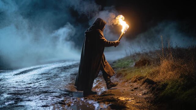 Holding lit torch, hooded traveler navigating muddy country track at night, torchlight guiding way