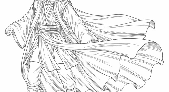 Fantasy Warrior Cloaked Character Line Art Illustration