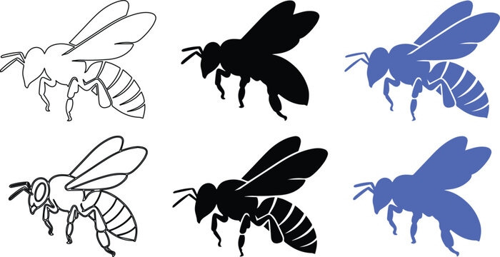 Honey bee vector icons set, flying bumblebee silhouettes and line art illustrations, black and blue insect graphic elements for logo design isolated PNG with Transparent Background