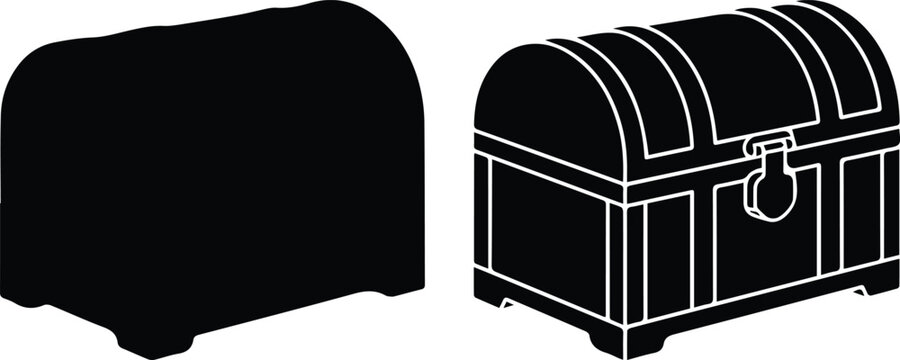 Vintage treasure chest silhouette set, antique wooden trunk vector icons, pirate loot box illustrations for gaming and adventure designs isolated PNG with Transparent Background
