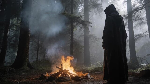 Flames flickering, cloaked figure standing vigil at pine forest campfire, keeping watch, copy space