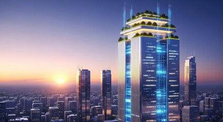 Fototapeta premium A futuristic urban landscape featuring sleek skyscrapers integrated with glowing digital data networks, clean energy grids, and green roofs, system, iot, network