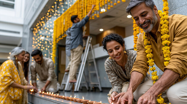 Realistic commercial stock photo of a modern Indian corporate office entrance lobby decorated for Diwali by employees, two colleagues on ladders hanging fresh marigold garlands abo