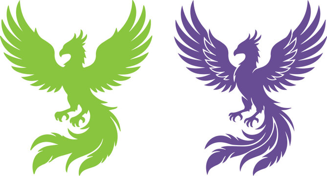Mythical phoenix bird silhouettes, green and purple firebird vector icons, majestic flying eagle mascots for gaming and sports branding isolated PNG with Transparent Background