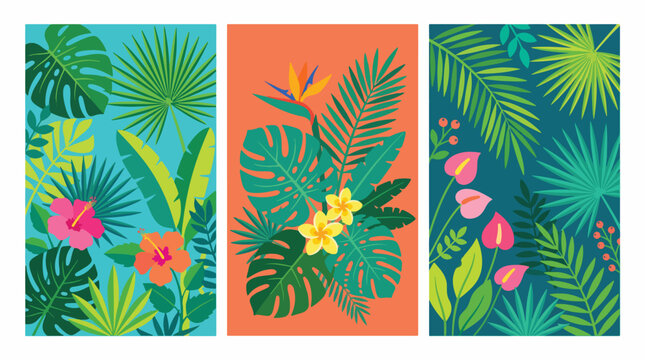 Vibrant tropical floral pattern collection featuring monstera leaves hibiscus flowers and exotic plants arranged in three colorful artistic vertical panels
