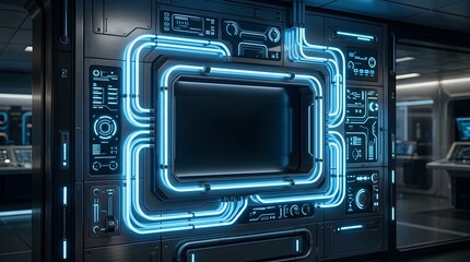 Fototapeta premium This image features an intricate modern control panel set into a wall emphasizing themes of advanced technology digital interfaces and abstract geometric design