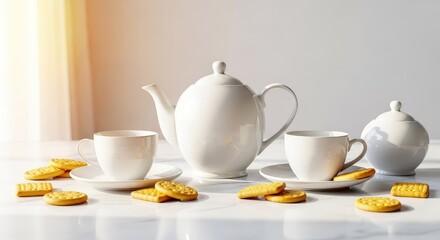 Fototapeta premium A minimalist white tea set sits on a sleek marble table accompanied by golden baked biscuits, illuminated by soft morning window light, sunny, white, shadows