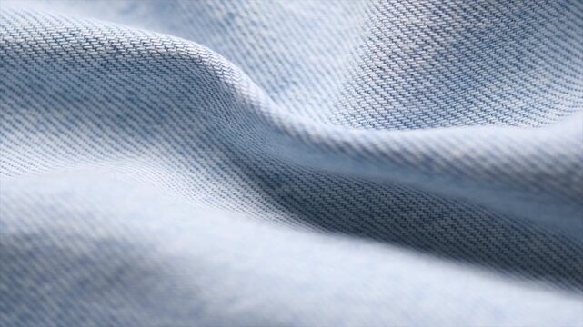 Blue denim cotton jeans fabric texture, jean background, textile backdrop, top view. wallpaper, blue jean fabric close up. Rotating, slow motion