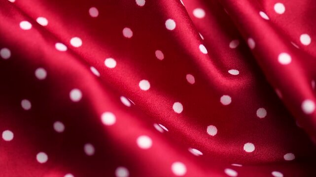 Polka dots red satin background, red with white silk backdrop. Closeup view of red polka dot fabric texture, top view, flat lay, rotating