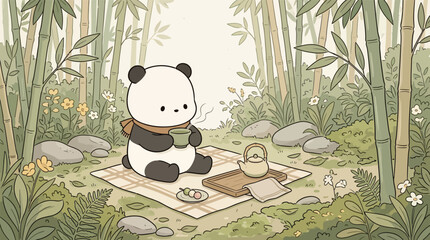 Destop wallpaper cute cartoon panda enjoying a peaceful tea break in a serene bamboo forest setting. © Banana Milk