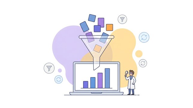 Minimalist 2D illustration of a data scientist filtering digital information into a laptop analytics chart.