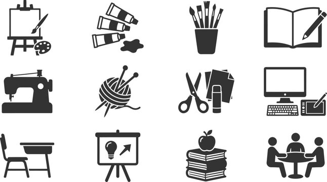 Collection of twelve education and creative workshop icons for school and office design projects vector illustration