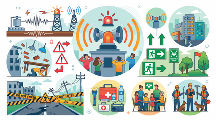 Naklejka premium Emergency preparedness infographic showing earthquake safety protocols disaster response kits evacuation signs and search rescue teams in a colorful style