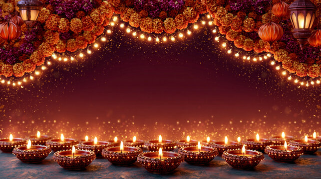Flat vector illustration of a Diwali festive sale landing page header banner in ultra-wide format, bold layered composition with a row of glowing illustrated diyas along the bottom