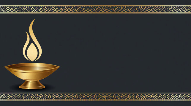 Flat vector illustration of a Diwali corporate greeting card design in landscape format, sophisticated minimal layout featuring a single elegantly illustrated brass diya with a sty