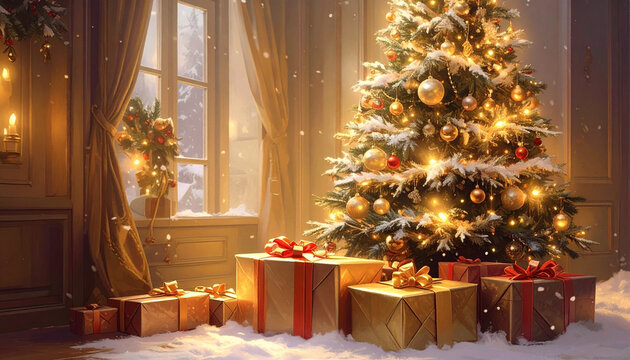 Elegant winter scene with decorated Christmas tree and gift boxes in warm lit room