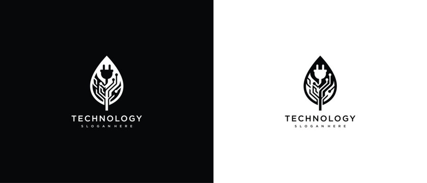 Green Technology Leaf Circuit Logo Design with Electric Plug