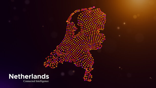 Netherlands connected intelligence concept featuring a digital node network map and modern typography on a vibrant purple orange technology background with glowing bokeh lights.