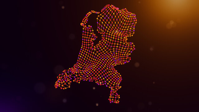 Abstract Netherlands map formed by wavy interconnected nodes and network lines over a glowing purple orange bokeh background, symbolizing digital infrastructure and intelligent connectivity.