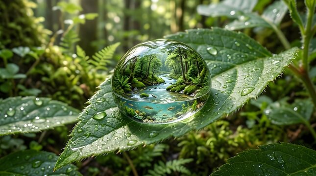 Detailed ro shot capturing a perfect water droplet resting on wet foliage emphasizing the intricate beauty and reflective surface of a natural river ecosystem flowing through the forest environment