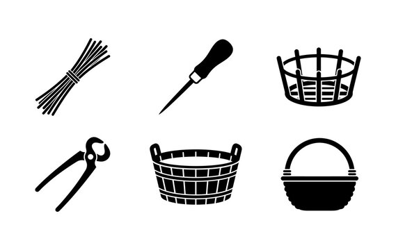 Collection of Silhouette Icons for Basket Weaving Craft Including Wicker Materials, Special Tools, and Finished Handwoven Baskets